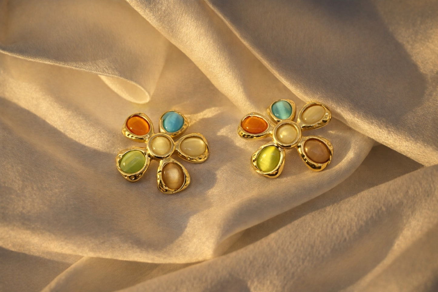 Petal Pop Statement Earrings – Multicolor Floral Gold Studs