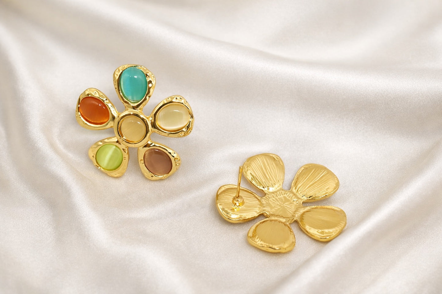 Petal Pop Statement Earrings – Multicolor Floral Gold Studs