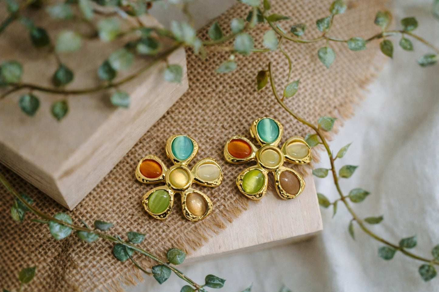Petal Pop Statement Earrings – Multicolor Floral Gold Studs