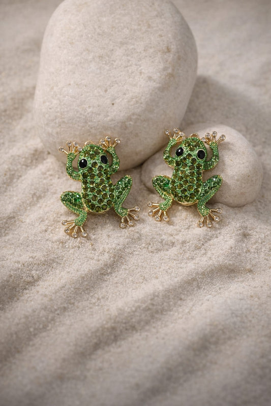 Green Crystal Frog Earrings