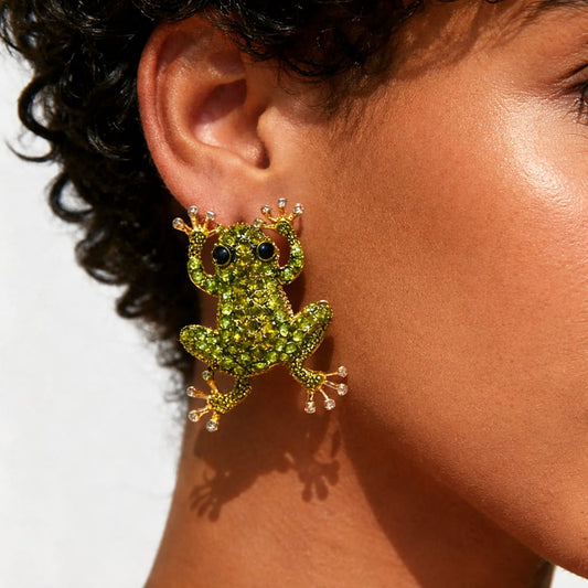 Green Crystal Frog Earrings