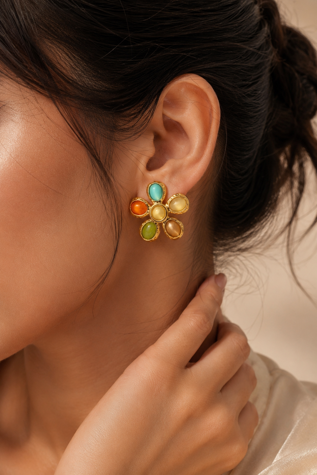 Petal Pop Statement Earrings – Multicolor Floral Gold Studs