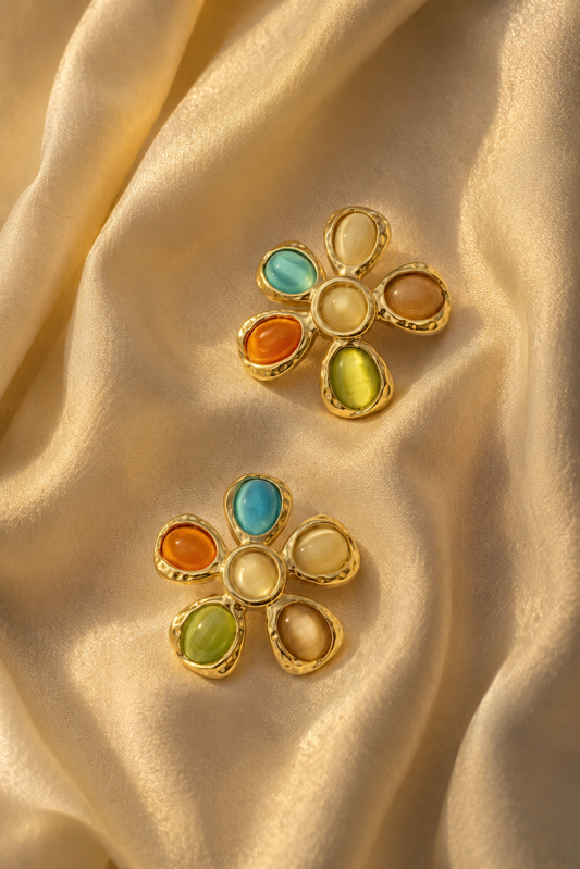 Petal Pop Statement Earrings – Multicolor Floral Gold Studs